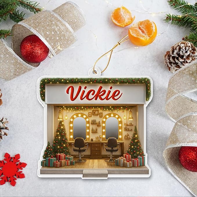 Personalized Hair Salon Christmas Ornament 2025, Flat Acrylic Custom Name Ornament, for Hairstylist, Hairdresser Keepsake, Beauty Shop Christmas Tree Decoration