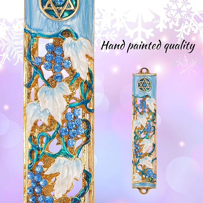 Matashi Hand Painted Blue and Ivory Enamel Grape Mezuzah Embellished with Gold Accents and Crystals Home Door Wall Decor Housewarming Present Gift for Festival (6 inch)