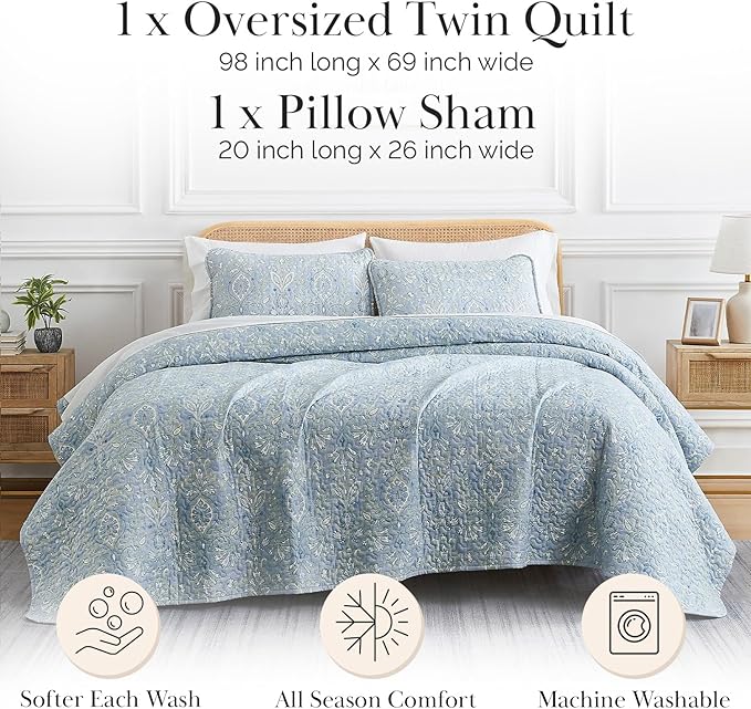 Southshore Fine Living, Inc. Twin XL Comforter Quilt Set, Dorm Bedding Essentials, Stain Resistant, Machine Washable Paisley Boho Bed Spread, Twin XL Quilt Bedspread Set w/Pillow Sham, Blue Paisley