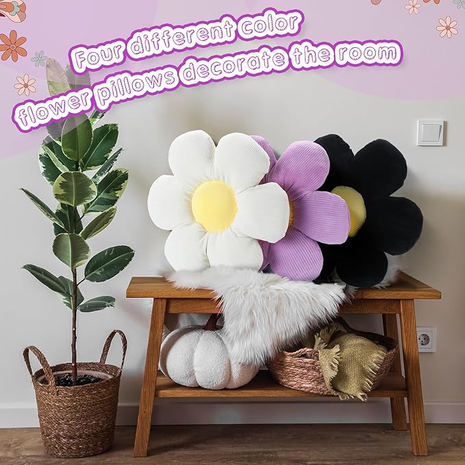 Reginary 4 Pcs Flower Floor Pillows Cute Plush Flower Throw Pillows Daisy Floor Seat Cushion Chair Pads for Back to School First Day of School for Sofa Couch Bed Decor(15 Inch,Black, White, Purple)