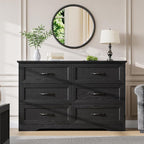 GAOMON Farmhouse 6 Double Drawers Dresser for Bedroom, 47.2'' Wide Chest of Drawer, Wooden Horizontal Dresser with Metal Handles and Stable Base, Modern Cabinet for Bedroom, Living Room, Black