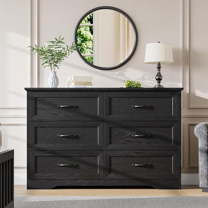 GAOMON Farmhouse 6 Double Drawers Dresser for Bedroom, 47.2'' Wide Chest of Drawer, Wooden Horizontal Dresser with Metal Handles and Stable Base, Modern Cabinet for Bedroom, Living Room, Black