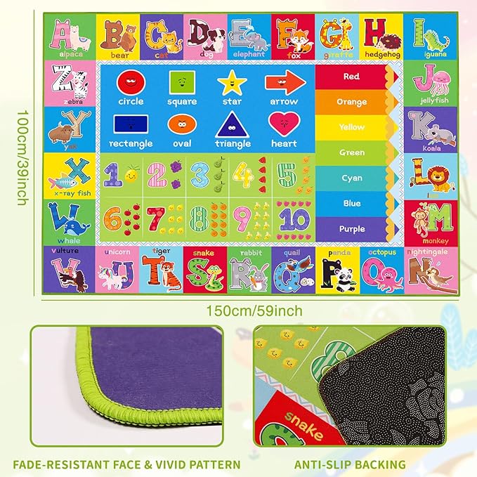 Kids Rugs for Playroom, ABC Carpet Educational Floor Play Mat for Kids, Preschool Rugs with ABC, Numbers, Animals Learning Carpet for Playroom Classroom Bedroom (Green, 59X39.4 INCH)
