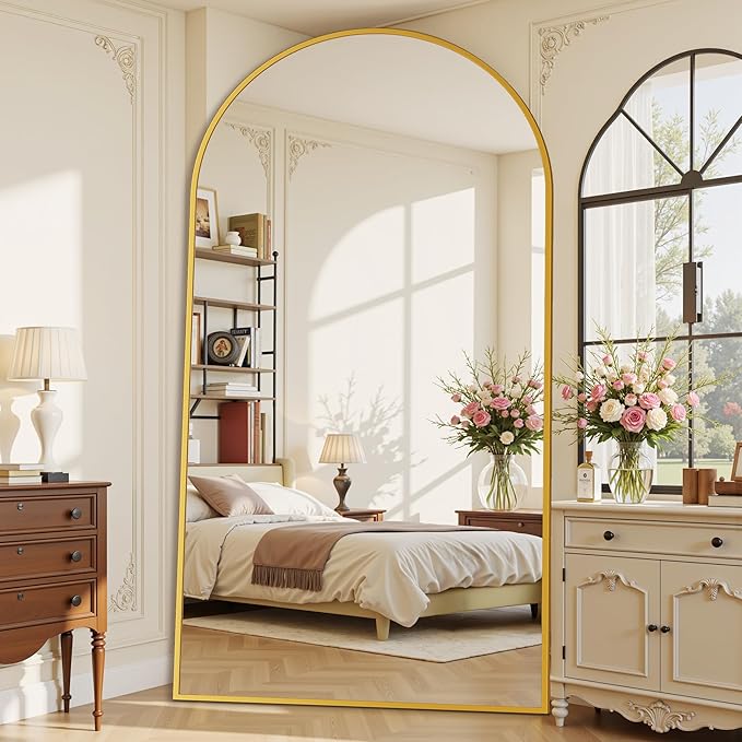 Suidia Arched Full Length Mirror, 90"x46" Floor Mirror Freestanding, Floor Standing Full Body Mirror with Stand for Bedroom, Hanging Leaning Mounted for Living Room Cloakroom, Gold