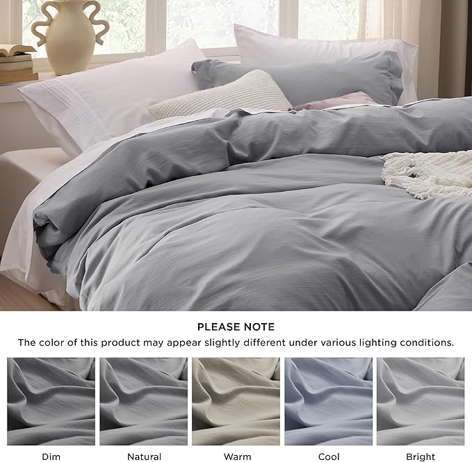Bedsure Grey Duvet Covers Queen Size - Prewashed Cotton-Like Polyester Duvet Cover, Soft Queen Duvet Cover Set 3 Pieces with Zipper Closure, 1 Duvet Cover 90x90 inches and 2 Pillow Shams