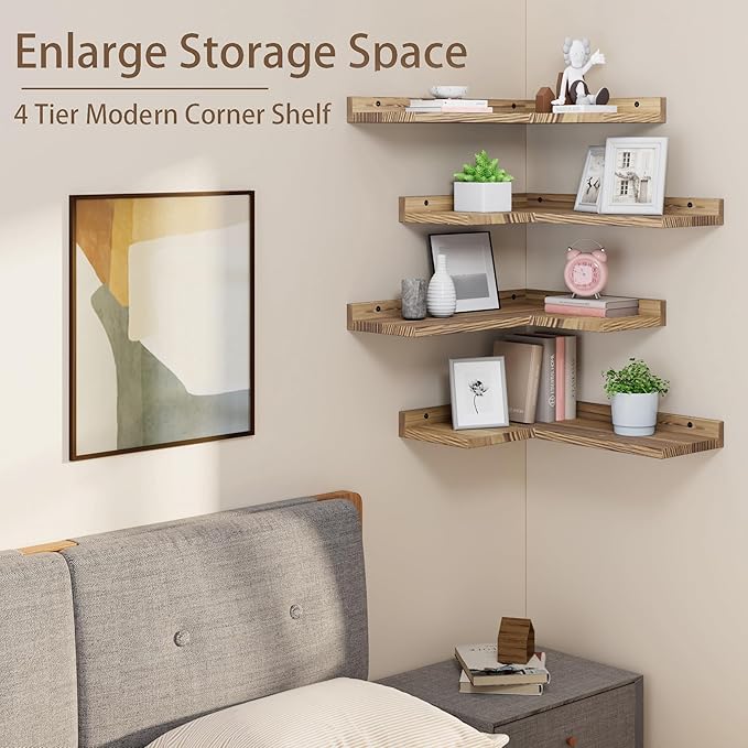 4 Tier Floating Corner Shelves Set of 4, Rustic Pine Wood Floating Corner Wall Shelf for Wall Décor Storage, L Shaped Corner Shelf Wall Mount for Bedroom,Living Room,Bathroom,Kitchen,Carbonized Black.