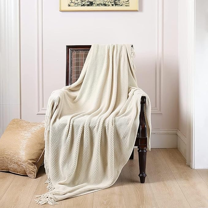 lifein Chenille Throw Blanket 60x80 - Soft Boho Knitted Blanket for Couch Cozy Farmhouse Decor Bed Throw, Lightweight All Season White/Cream Blanket, Decorative for Living Room Bedroom Spring Decor
