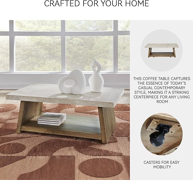 Signature Design by Ashley Brendalhouse Casual Coffee Table with Faux Cement Top, Bottom Shelf and Casters, Light Brown & White