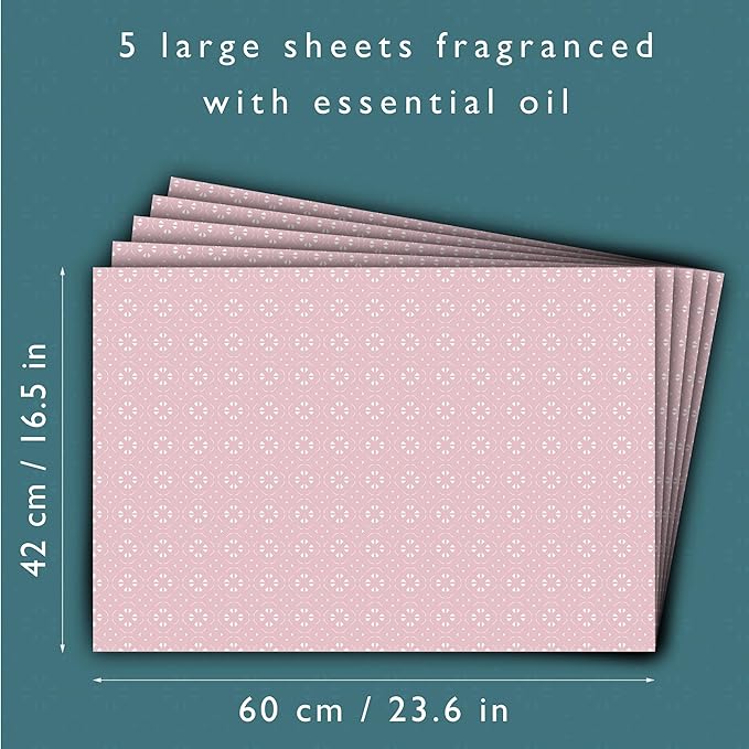 The Master Herbalist Fragrant Scented Drawer Liners in a Geometric Print (Folded) | Natural | Pack of 5 Sheets | Contains Essential Oils | Made in The UK (Helebore Pink | Neroli & Bergamot, Folded)