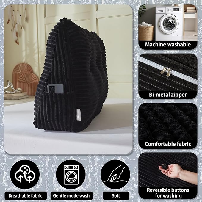 Headboard Wedge Pillow + A Long Neck Roll Pillow Body Pillow，Large Headboard Pillow with Removable Cover (Black, Queen：59x8x20 inches)