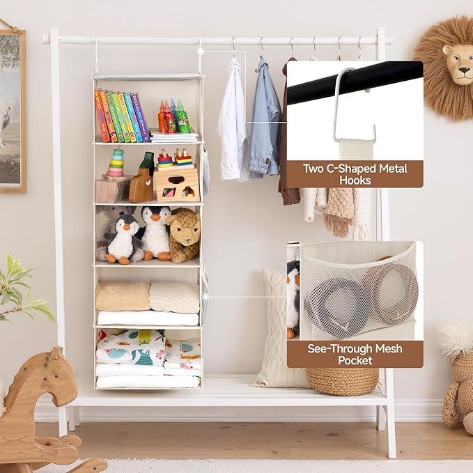 StorageWorks 5-Shelf Hanging Closet Organizers, Foldable Closet Storage Organizer with 2 Side Pockets, Portable Hanging Shelves for Clothes, Sweater, 13" D x 15" W x 47 ¾" H, White & Ivory
