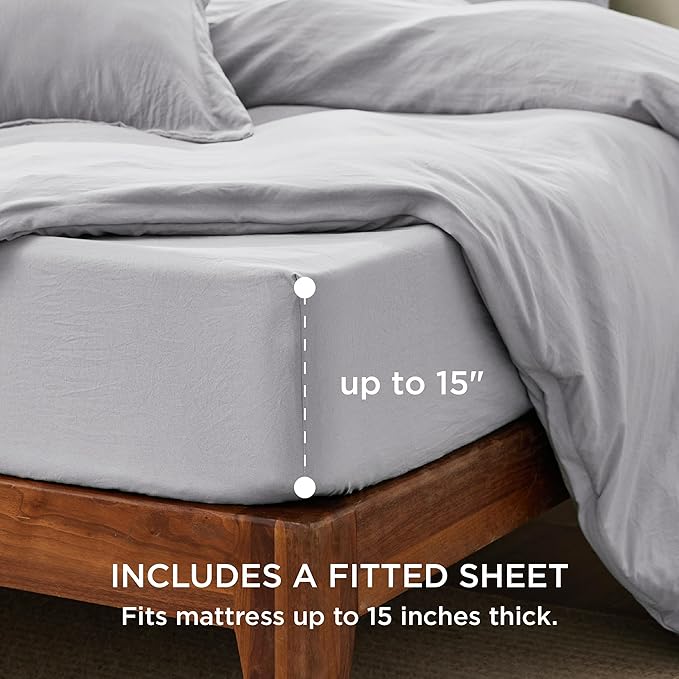 Bedsure Duvet Cover King Size with Fitted Sheet - 4 Pieces Prewashed Cotton-Like Polyester Extra Soft Bedding Set, Includes 1 Duvet Cover 104x90 Inches, 2 Pillow Shams, 1 Fitted Sheet, Light Grey