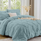 Sasttie Twin Comforter Set, 5-Piece Bed in a Bag, Pintuck Bedding Sets for All Season, Includes Comforter, Flat Sheet, Fitted Sheet, Pillowcase and Pillowsham, Greylish Blue