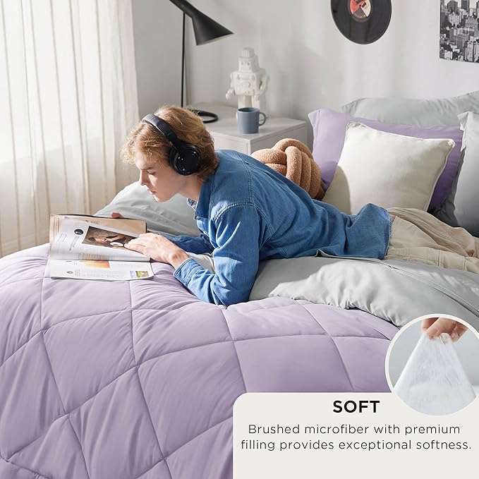 Bedsure Queen Comforter Set - 7 Pieces Reversible Light Purple Bedding, Queen Size Bed Set for All Seasons, Bed in a Bag with Down Alternative Comforter, Sheets, Pillowcases & Shams