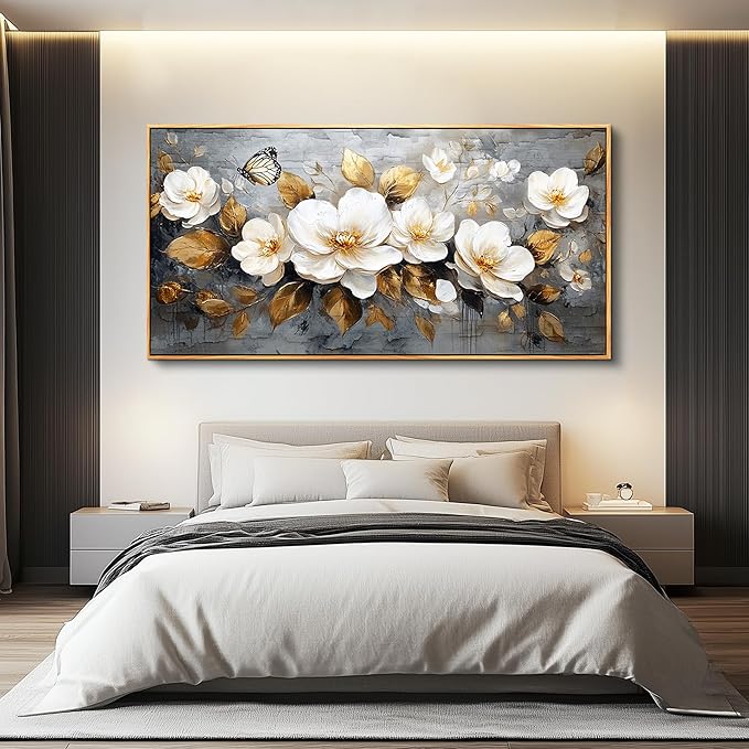 FUHAIHUA Large Wood Framed Wall Decor For Living Room Canvas Wall Art For Office Modern Wall Decorations For Bedroom White Flower Painting Farmhouse Pictures Artwork Room Home Decor 24x48 In