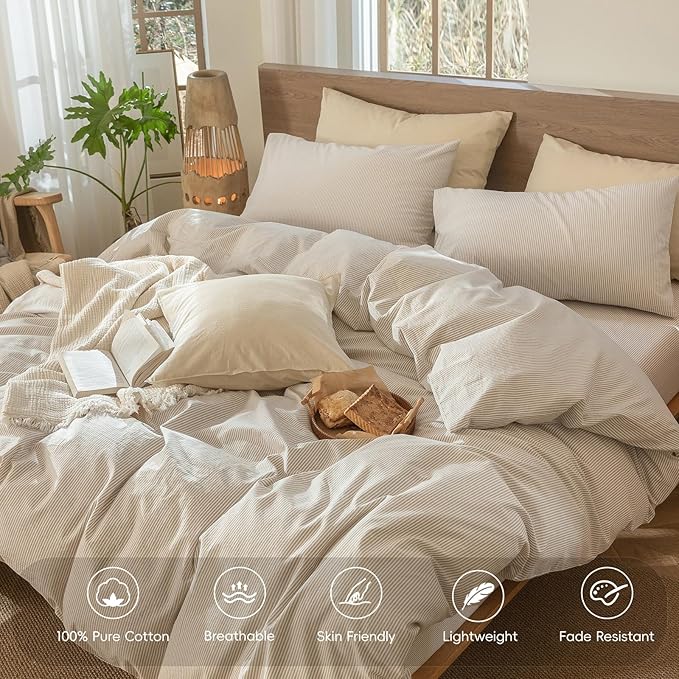 MooMee Striped Duvet Cover Set 100% Washed Cotton Linen Like Textured Breathable Durable Soft Comfy (Tannish Linen Grey White Pinstripes, Oversized King Plus 128"x120")