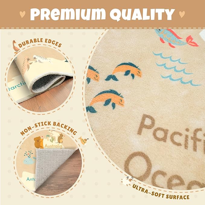 Washable Kids Rug for Playroom – 5x7 Toddlers Room Play Rug, Educational World Map Play Mat with Cute Animals – Non-Slip, Stain Resistant, Soft & Safe for Baby, Nursery, Kids Room, Bedroom - Beige