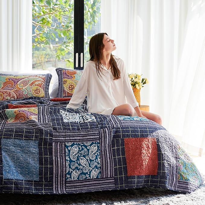 Secgo King Size Comforter Set- 100% Cotton Quilt King Size Set, Black bedspreads (96 * 108 Inch) with 2 Pillow Shams, Patchwork Reversible Lightweight Bedding