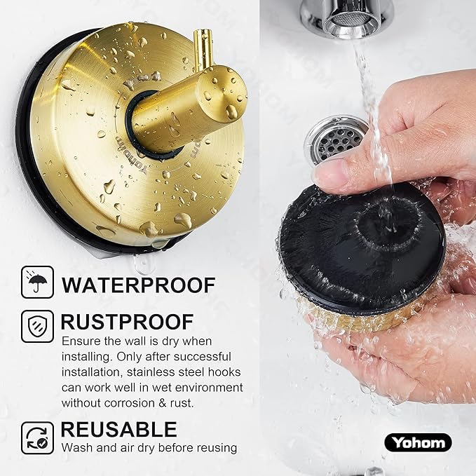 YOHOM Suction Cup Hooks for Shower Gold Towel Holder Stainless Steel Vacuum Bathroom Shower Hook Suction Washcloth Hanger Kitchen Towel Rack for Robe Loofah Wreath Glass Door Window Wall Brushed 4Pcs