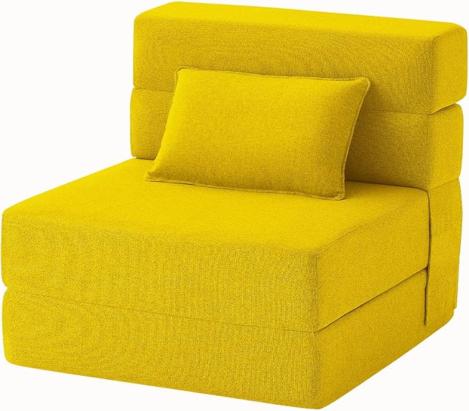 FILUXE Convertible Folding Sofa Bed-Sleeper Chair with Pillow, Modern Linen Fabric Floor Futon Couch, Foldable Mattress for Living Room/Dorm/Guest Use/Home Office/Apartment,Single Size,Yellow
