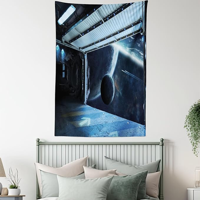 Ambesonne Outer Space Tapestry, Moon Before Station Planet Apocalypse Landing Alternative Humanoid Robots Print, Wall Hanging for Bedroom Living Room Dorm Decor, 40" X 60", Night Blue