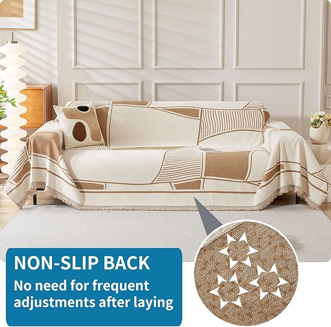 HAOMAIJIA Non Slip Couch Cover Sofa Covers for 2 Cushion Couch Washable sectional Couch Covers for Dogs pet Furniture Protector Couch Cover Blanket for Living Room (Brown-Cream, 71"x102")