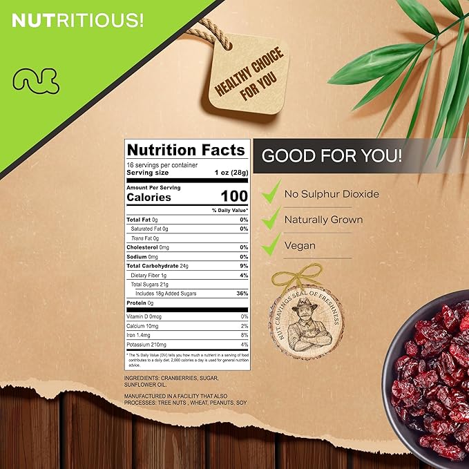 NUT CRAVINGS - Dried Whole Cranberries, Lightly Sweetened, Unsulphured (16oz, 1 LB) Tu Bishvat Favorite - Sweet Healthy Snack, Vegan, Kosher, Resealable Bag