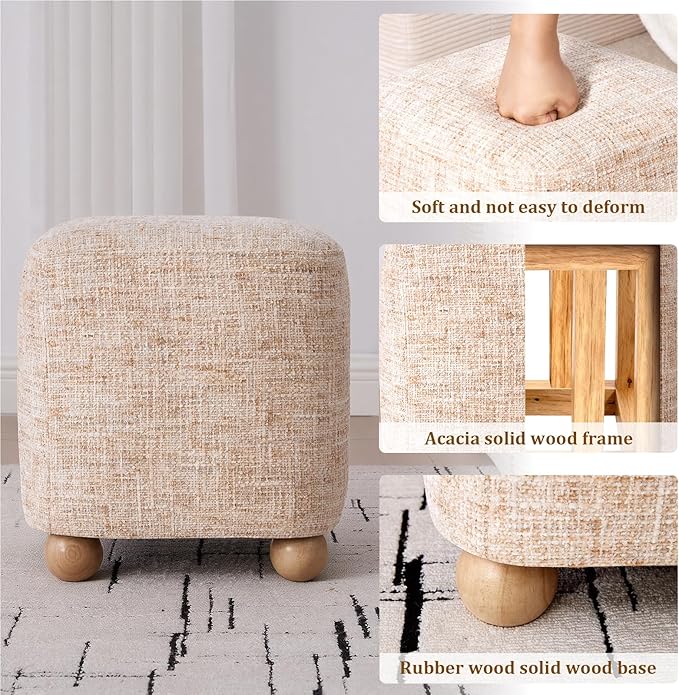 Cube Pouf Ottoman with Wooden Leg,Chenille Fabric Vanity Stool-Upholstered Floor Chair,Square Footstool Pouf with Acacia Wood Frame(500Lbs),Small Coffee Table Ottoman for Living Room