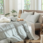 MooMee Striped Duvet Cover Set 100% Washed Cotton Linen Like Textured Breathable Durable Soft Comfy (Heathered Green Classic Stripes, Queen 90"x90")