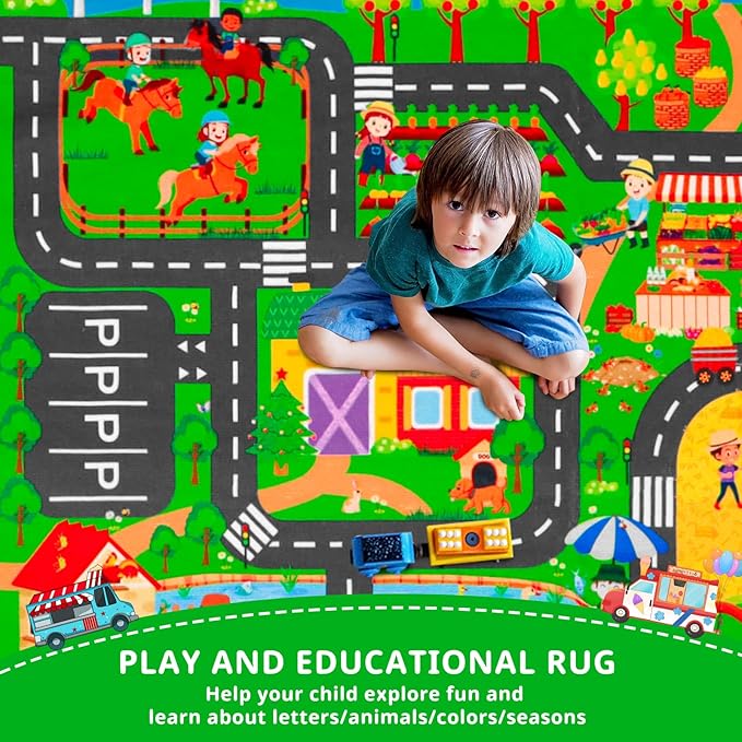 Kids Rugs for Toy Cars Playroom 59"×39.4" ABC Farm Life Road Traffic Kids Car Road Rugs Village Map Play Mat for Toddlers Boys Room Family Tummy Time Playtime Learning Carpet