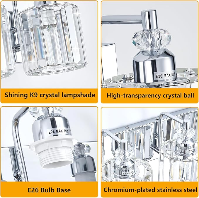 3-Light Modern Bathroom Light Fixture Chrome Bathroom Vanity Lights Over Mirror Wall Sconce Lighting with K9 Crystal Shades E26 Base for Bedroom, Living Room, Hallway, Cabinet Wall Lamp