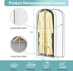 60” Garment Bags for Hanging Clothes 4” Gusseted - with Clear Window, Breathable Fabric, Metal Zipper, Suit Coat Long Dress Protector for Clothes Closet storage, Season Off, Moving, 3 Pack