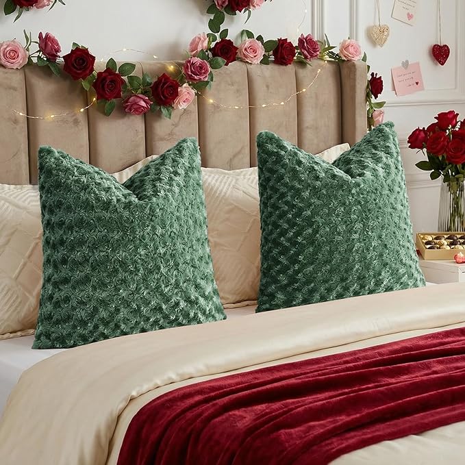 FUTEI Dark Green Decorative Throw Pillow Covers 16x16 Inch Set of 2,Soft Solid Rose Swirl Textured Cushion Case,Valentine's Day Decor for Couch Living Room