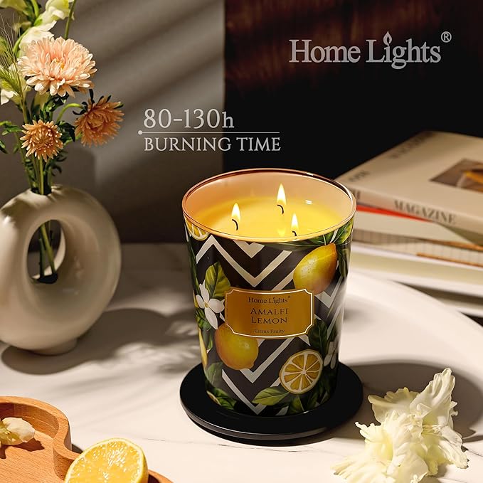 HomeLights Scented Candles | Large Jar 34 Oz Natural Soy Candle | 130 hrs Long-Lasting with 3 Wicks | Eclectic Mixed Styles Home Decor | Gifts for Mom & Women, Amalfi Lemon