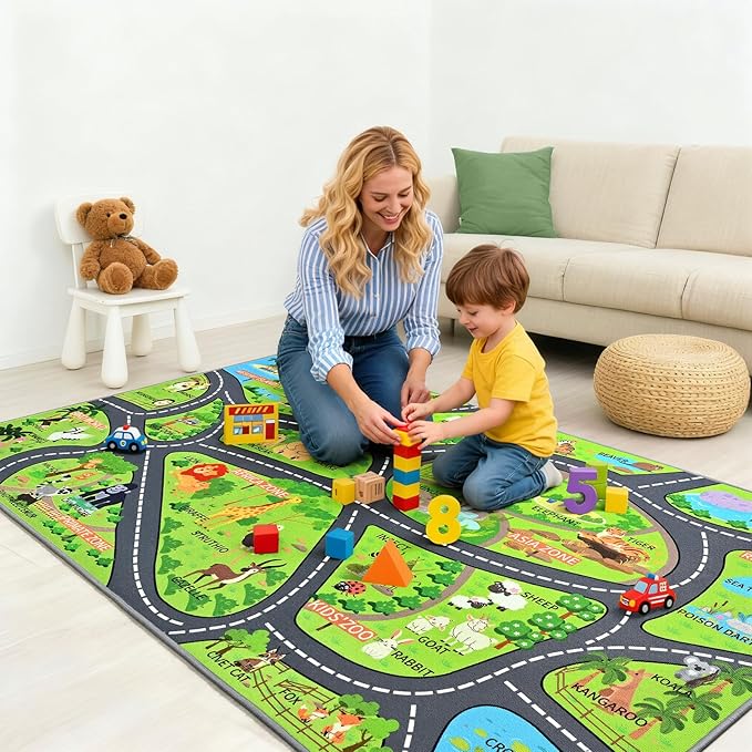 Zoo Adventure Kids Car Rug, Cute Animal Play Mat with Non-Slip Backing, Kids Carpet with Lions, Tigers & Giraffes for Educational and Fun Playtime, 60"x36"