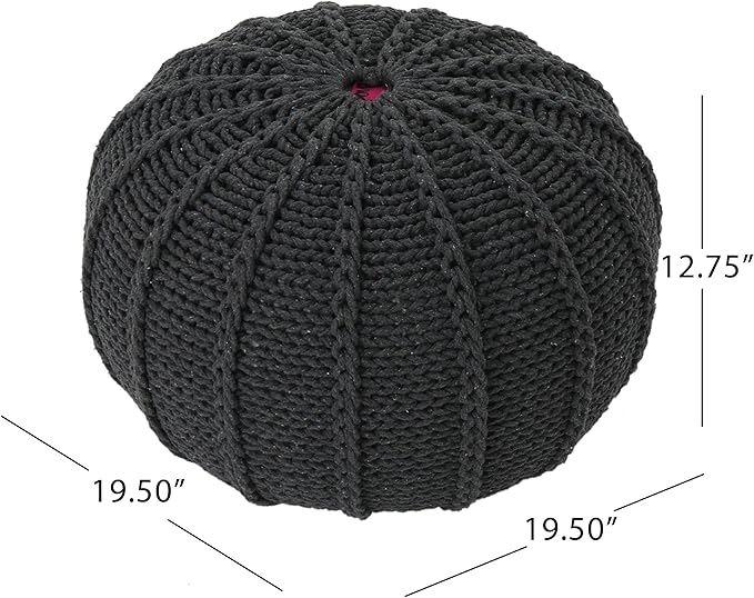 Christopher Knight Home Agatha Knitted Cotton Pouf, Dark Grey Small
