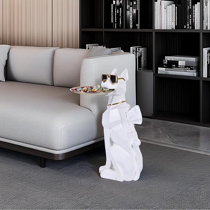 Resin Dog Side Table With Tray, Butler Statue Tissue Box, Accent End Table, Unique Sculpture, Geometric Statue, Funky Furniture for Home Decor Modern (White)