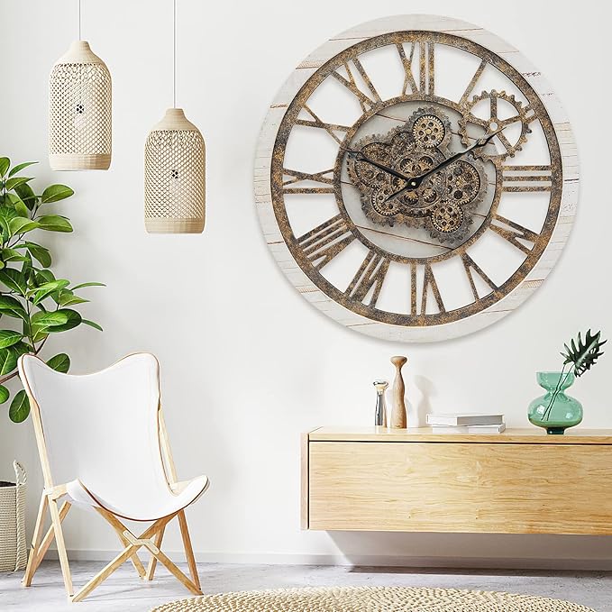 Wall Clock, 24 Inch Moving Gears Clock Large Wall Clock for Living Room Decor Rustic Vintage Industrial Steampunk Farmhouse Big Clock for Home Kitchen Bedroom Office