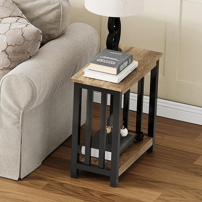 ChooChoo Mission End Tables Set of 2, Narrow Side Tables for Small Spaces, Night Stands with Storage Shelf for Living Room and Bedroom, Rustic Oak & Black