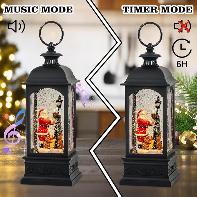 Eldnacele Santa Music Snow Globe Lantern with 6 Hour Timer, Battery Operated & USB Powered Singing Lighted Lamp Swirling Water Glittering Christmas Decoration Holiday Decor Lantern