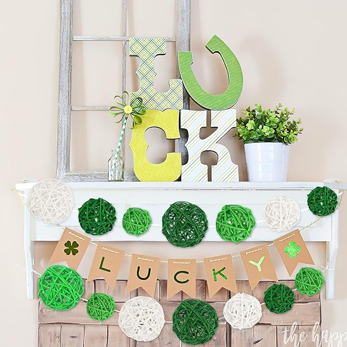 SANNIX 16 Pcs St Patricks Day Vase Filler Wicker Rattan Orbs Decorative Balls for Bowls, St. Patrick's Day Green Rattan Balls Decor for Green Spring Home Decorations