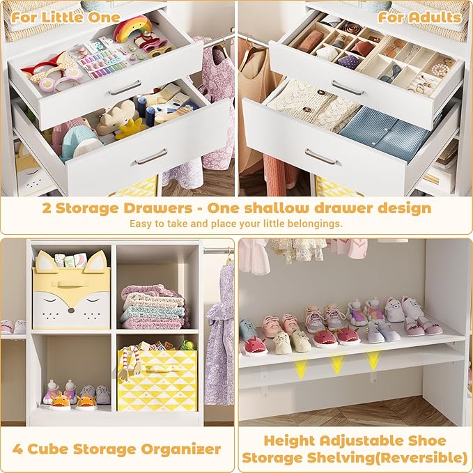8FT Closet System - 96" Closet Organizer System with Wooden Drawers,Closet Systems for Walk-In Closets with Cuttable Hanging Shelving, White