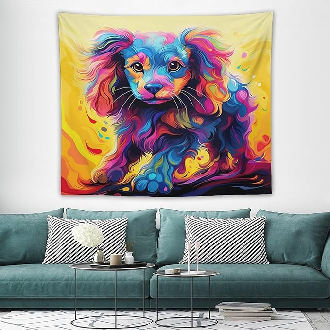 VUMIVI Colorful Cute Dog Tapestry Rainbow-Hued Oil Painting Pet-Themed Abstract Art Print Tapestry Wall Hanging for Living Room Bedroom Dorm Classroom Aesthetic Decor W60xL50in