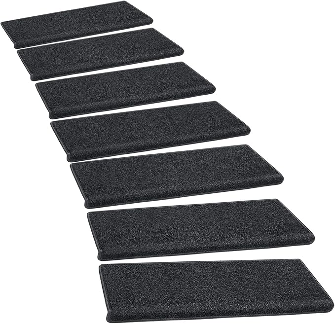 PURE ERA Bullnose Carpet Stair Treads Set Tape Free Non-Slip Indoor Stair Protectors Pet Friendly Rugs Covers Soft Skid Resistant Washable Reusable 9.5" x 30"(14 Pieces,Black)