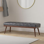 Poly & BARK 55" Tufted Leather Bed Bench for Bedroom End of Bed - Living Room Entry Way Bench - Pure Italian Leather Upholstery with a Solid Wood Frame - Ottoman Bench with Wooden Legs - Onyx Black