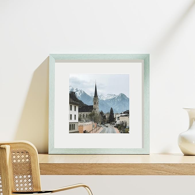 Vittanly 12x12 Picture Frames Set of 9, Shatter Resistant Plexiglass, Display 8x8 Pictures with Mat or 12x12 without Mat, Photo Frames for Wall Mount, Engineered Wood, Vintage Green