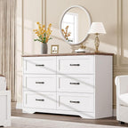 GAOMON Farmhouse 6 Double Drawers Dresser for Bedroom, 47.2''Wide Chest of Drawer, Wooden Horizontal Dresser with Metal Handle and Stable Base, Modern Cabinet for Bedroom, Living Room, White and Brown