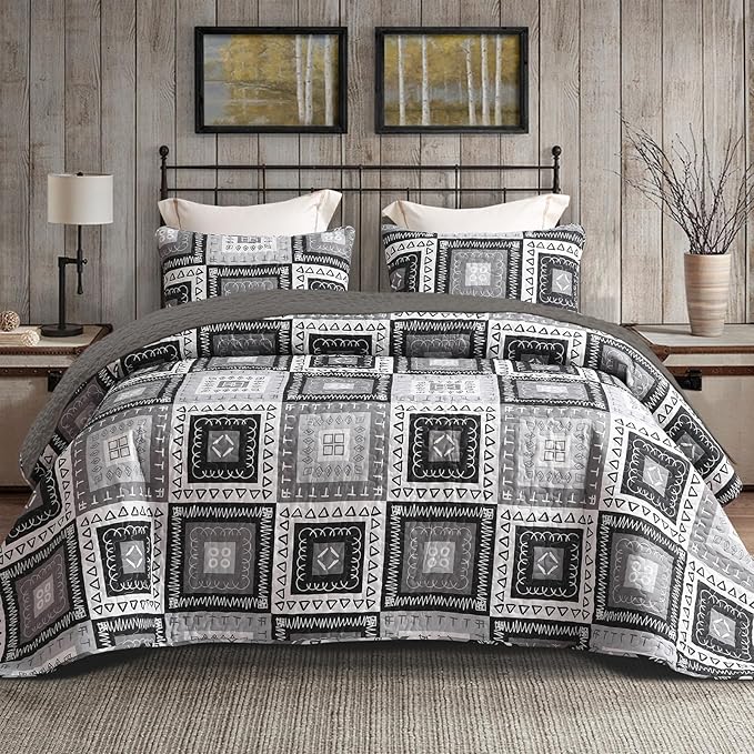 Exclusivo Mezcla Reversible Boho Quilts Twin Size, Black Bedspreads Lightweight Coverlet All Season Patchwork Quilt Bedding Set with Printed Floral Pattern (1 Quilt, 1 Pillow Sham)