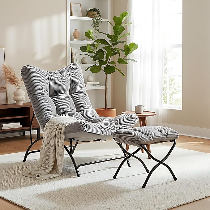 Welnow Modern Accent Chair with Ottoman, Upholstered Comfy Lounge Recliner Sofa, Thick Cushion Oversized Lazy Reading Chair with Footrest for Living Room, Bedroom, Apartment, Office, Dorm, Light Grey