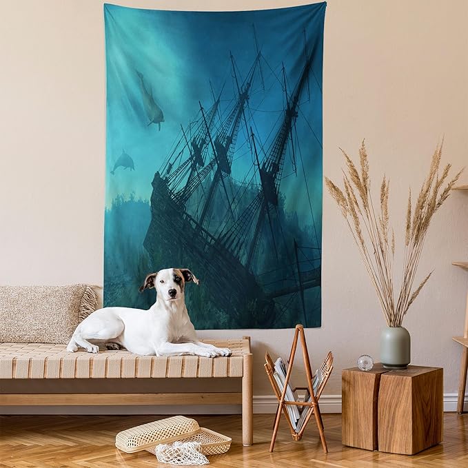 Ambesonne Nautical Tapestry, Dolphins Ruined and Wreckage Underwater Sunken Ship Mystery and Treasure Marine Style of an Artwork, Wall Hanging for Bedroom Living Room Dorm Decor, 40" X 60", Blue Teal